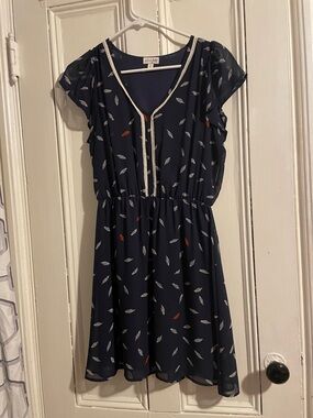 Maison Jules Navy Leaf-Print Short Sleeve Dress